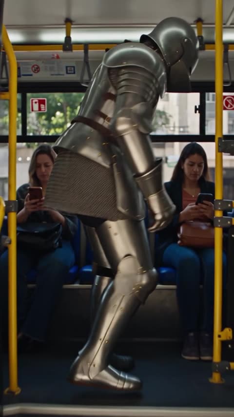 Cavaleiro de armadura dentro de um ônibus lotado