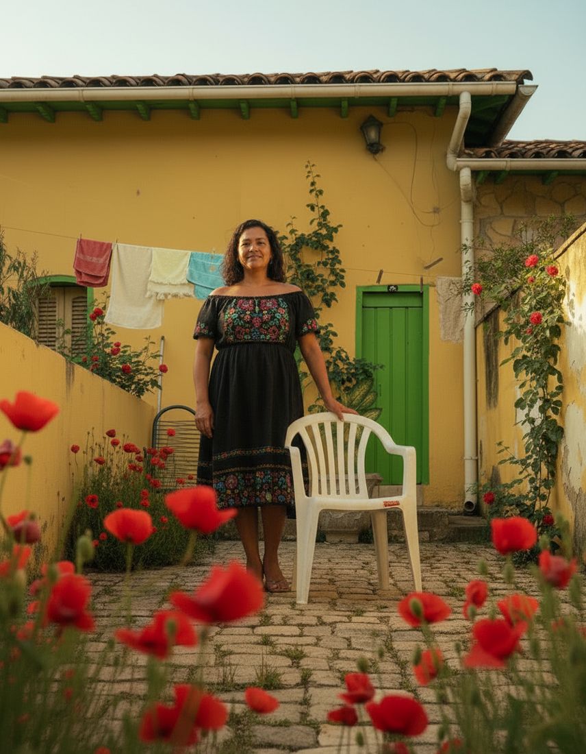 Mulher de vestido bordado ao lado de uma cadeira de plástico branca num quintal com papoulas vermelhas e casa amarela