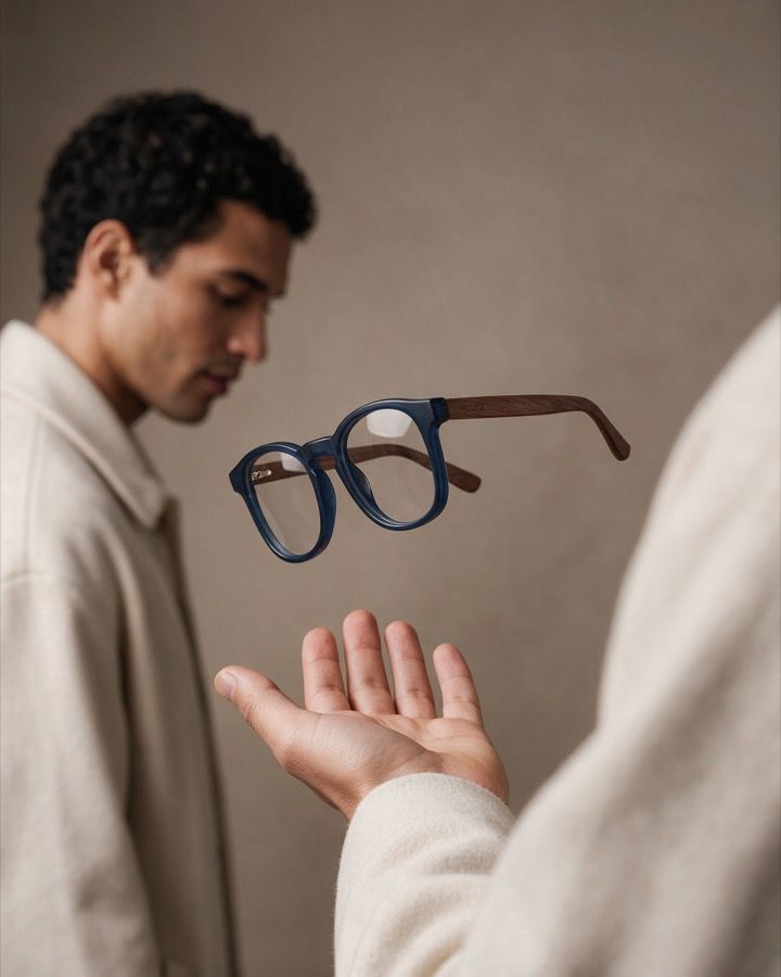 Óculos azul com hastes de madeira flutuando no ar acima da mão aberta de um homem de casaco claro